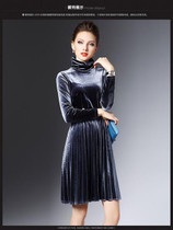 SORCHIDF Women New Sexy Velvet Mandarin Collar Vintage Elegant Dress Pleated Dress Party Dress