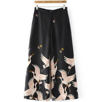 2017 New Fashion Style Retro Crane Printing Pants Women's High Waist Loose Wide Leg pants