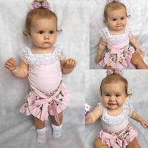 2016 Summer Korean Baby Girls Clothing Set Children Baby Girl Lace Tops T-shirt+Floral Shorts Culottes 2pcs Suit Outfits Set