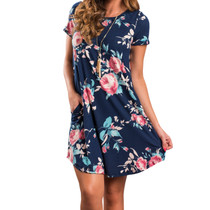 Floral Print Mini Dress 2017 Women Summer Short Sleeve O-neck Vestidos Beach Casual A-line Sundress Pockets Sexy Slim Robe GV744