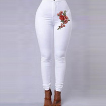 Candy Color Flowers Embroidery Skinny Jeans Woman White Blue High Waist Render Jeans Trousers Casual Pencil Pants Denim Jeans