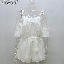 SIBYBO Summer Women Jumpsuits Rompers 2017 White Lace Patchwork Off Shoulder Beach Chiffon Playsuit Bodysuit Overalls