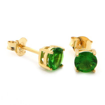 Gold Emerald Round Brilliant Sterling Silver CZ Stud Earrings