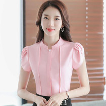 Fashion Stand collar women shirt OL office puff short sleeve chiffon blouses OL ladies formal work wear summer clothes slim tops