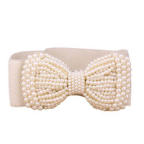 Fashion Women Belts Bowknot Stretch Elastic Wide Belt Simulated Pearl Waistband Black Khaki