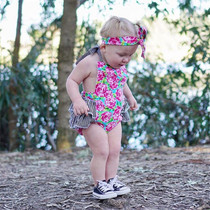 2017 Toddler Infant Baby Girls Clothes Floral print sleeveless striped square collar Bodysuit Bowknot Headband 2pc cotton set