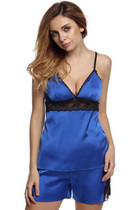 Ekouaer Sleepwear Women's Short Pajama Set Sexy Lingerie Satin Cami Set Lace Patchwork Sleeveless Backless Satin Nightgown