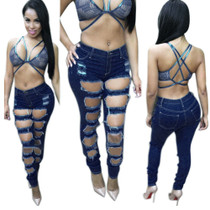 Ladies High Waist Ripped Skinny Jeans Denim