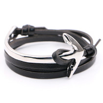 Half curve Anchor black leather bracelet