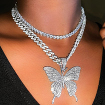 Link Chain Choker Necklace Butterfly Pendant for Women