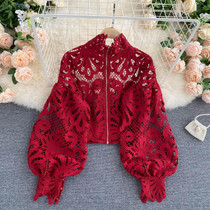 Sexy Lace Hollow Out Short Blouse Casual Lantern Long Sleeve Stand Collar Shirts