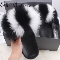 Cute Plush Natural Fox Hair Slippers Hot Women Furry Slippers Ladies  Real Fur Slippers Summer Casual Fashion Slippers for Women