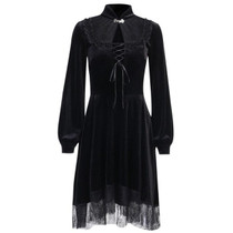 InsGoth Vintage Lace Velvet Black Dress Gothic Sexy Hollow Out High Waist Dress Women Autumn Elegant Party Club Bandage Dress