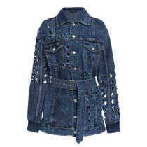 TWOTWINSTYLE Patchwork Hollow Out Denim Jacket For Women Lapel Long Sleeve High Waist With Sashes Casual Coat Female 2020 Fall
