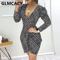 Women V-neck Houndstoot Long Sleeve Plunge Wrap Bodycon Dress