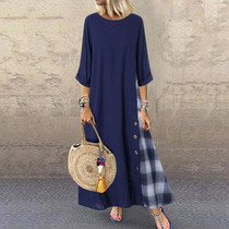 Casual Plaid Pure Colour Bracelet Sleeve Round Neck Dress