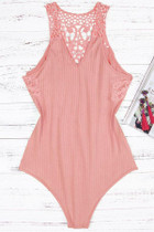 Floral Lace Overlay Hollow Out Halter Neck Sleeveless Bodysuit