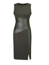 Round Neck  Patchwork Slit  Plain Bodycon Dress