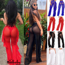 Ruffle Beach Pants Swimwear Cover up Sheer High Waist Mesh Beach Pants