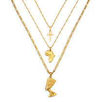 3 Pc Necklace Set - Africa Map + Ankh Pendant + Nefertiti Necklace