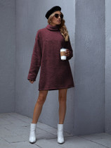 Rolled Neck Drop Shoulder Teddy Sweatshirt Dress