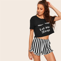 Graphic Tee Frilled Striped Shorts PJ Round Neck Short Sleeve Set
