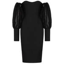 BEAUKEY 2020 New Mesh Long Sleeves Sexy Off Shoulder Bandage Dress Women Black Bandage Dress Bodycon Club Evening Party Dress