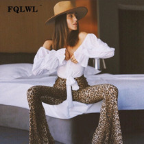 FQLWL Leopard Print Wide Leg Pants Women Stretch High Waist/Flared Pants Female Streetwear Autumn Winter Sexy Pants Bellbottoms