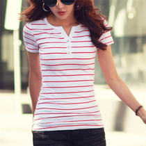 T Shirt Women 2018 Summer Top Shirts V-neck Short Sleeve Casual tshirts White Strip T-Shirt  Plus Size Cotton Tee Shirt Femme