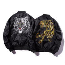 Men's autumn, spring black bomber jacket with tiger pattern