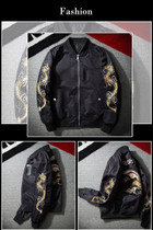 Men's autumn, spring black bomber jacket with bird and dragon pattern
