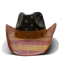 Retro Hard Paint Straw Wide Brim Stripe Sun Beach Cowboy Western Hat