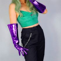 LATEX LONG GLOVES Faux Shine Patent Leather 35" 90cm Shine Purple Loose Fit Women Leather Gloves WPU238