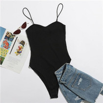 SHEIN Black Rib-knit Solid Cami Bodysuit Women Autumn Spaghetti Strap Sleeveless Mid Waist Casual Skinny Bodysuits