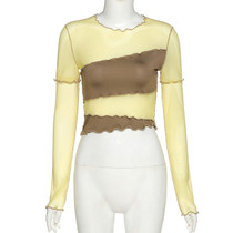 ALLNeon E-girl Patchwork Ruffles Hem Ruffles Hem Crop Tops Y2K Fashion O-neck Short Sleeve with Gloves Stitch Yellow T-shirts