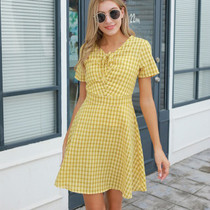 MIOFAR 2020 Woman Dress Vestidos Summer Dress Women Casual V Neck Yellow Beach Plaid Mini Dress Harajuku Dresses for Women