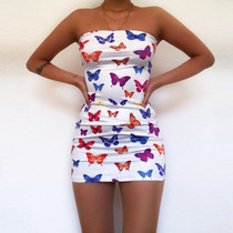 MIOFAR 2020 Summer Bodycon Backless Ladies Mini Dresses Butterfly Print Dress Women Off Shoulder Strapless Sheath Short Dress