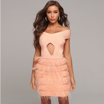 Ocstrade 2020 Sexy Off the Shoulder Bandage Dress Elegant Women Feathers Bandages Dress Bodycon Celebrity Evening Party Dress