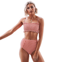 Cute Red Gingham Smocked Bandeau High-waist Two Piece Bikini Sets Swimwear