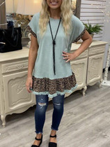 Leopard Print Stitching Ruffled Sleeve T-shirt