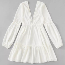 Sexy Deep V Neck Ruffle Backless Lantern Mini Dress