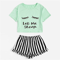 Graphic Tee & Frilled Striped Shorts PJ Set