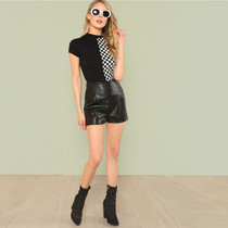 Black and White Plaid Round Neck Women T-Shirt