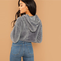 Grey Drop Shoulder Crop Teddy Hoodie Women Sweatshirts