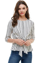 Stripe Tie Waist 3/4 Sleeves Blouse