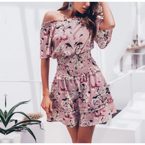 Boho Off shoulder high waist floral print dress