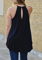 Black Patchwork Cut Out Lace Round Neck Fashion T-Shirt