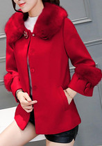Red Pockets Buttons Fur Collar Long Sleeve Wool Coat