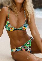 Green Floral Condole Belt Midriff 2-in-1 V-neck Fashion Swimwear