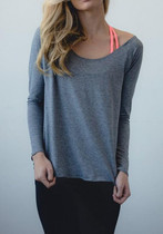Grey Cut Out Backless Round Neck Long Sleeve Casual T-Shirt